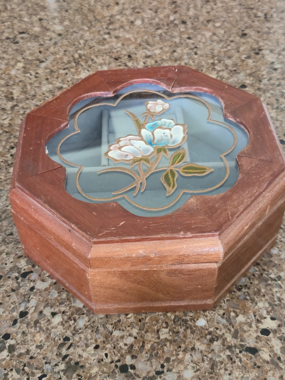 Vintage Mele Wooden Floral Glass Lid Jewelry Box cottagecore